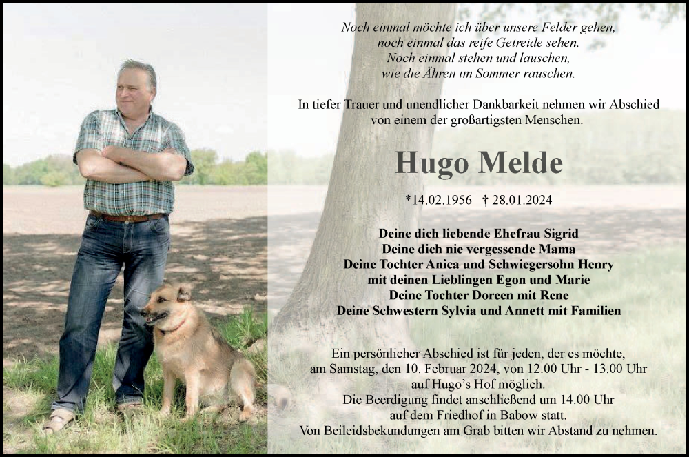 Traueranzeige für Hugo Melde vom 03.02.2024 aus Lausitzer Rundschau