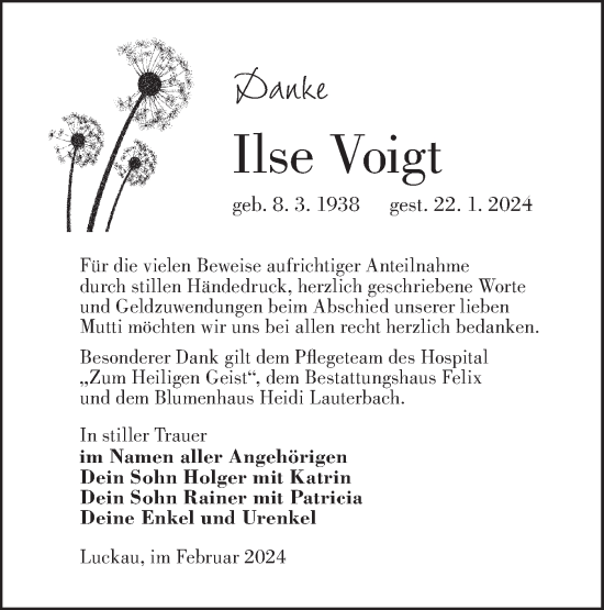Traueranzeige von Ilse Voigt von Lausitzer Rundschau