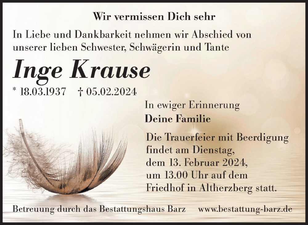  Traueranzeige für Inge Krause vom 10.02.2024 aus Lausitzer Rundschau