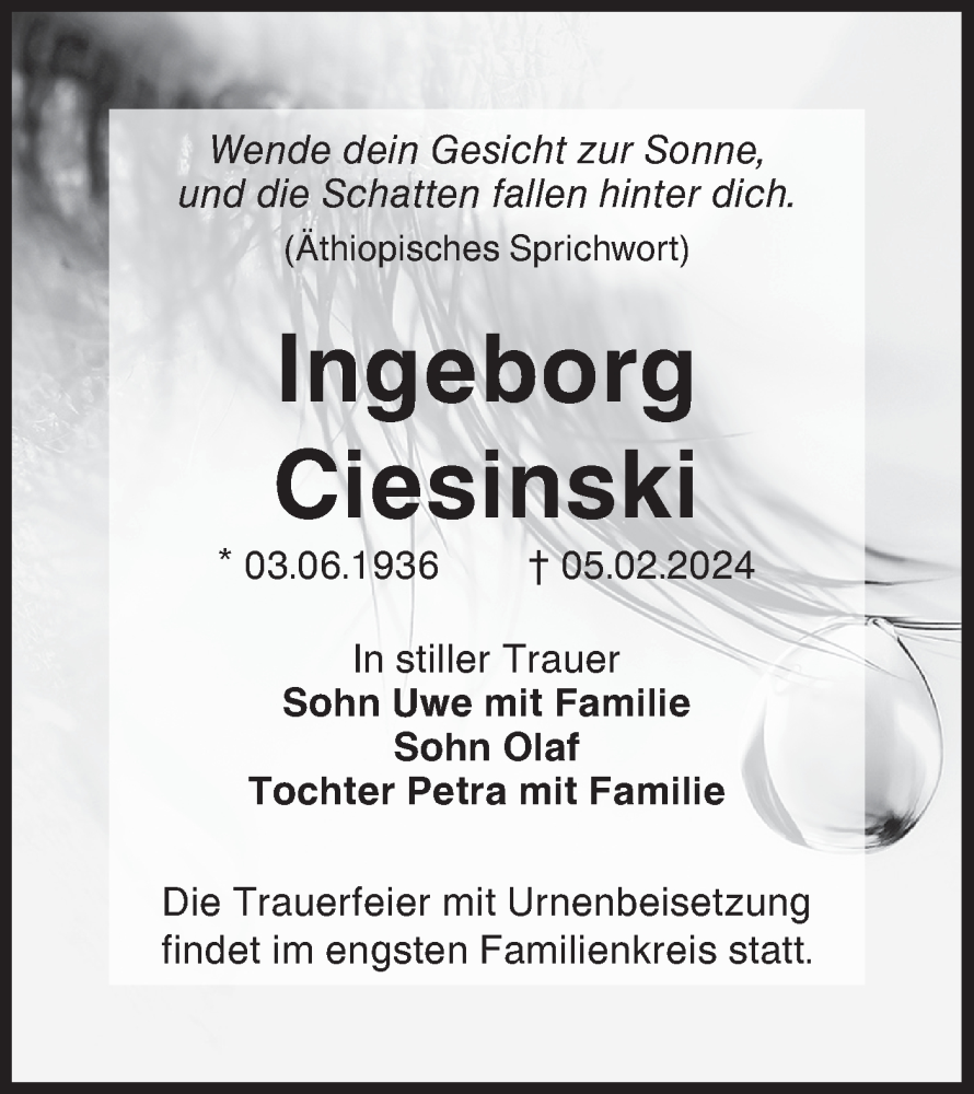  Traueranzeige für Ingeborg Ciesinski vom 17.02.2024 aus Lausitzer Rundschau