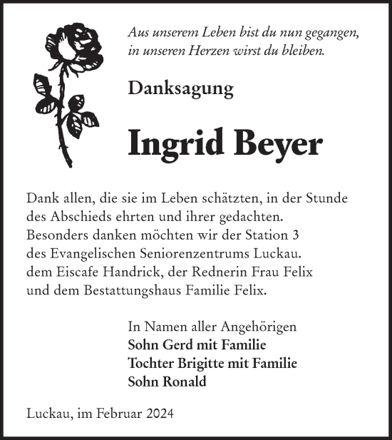 Traueranzeige von Ingrid Beyer von Lausitzer Rundschau