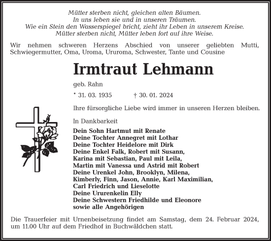 Traueranzeige von Irmtraut Lehmann von Lausitzer Rundschau