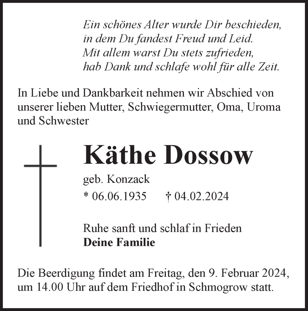  Traueranzeige für Käthe Dossow vom 07.02.2024 aus Lausitzer Rundschau