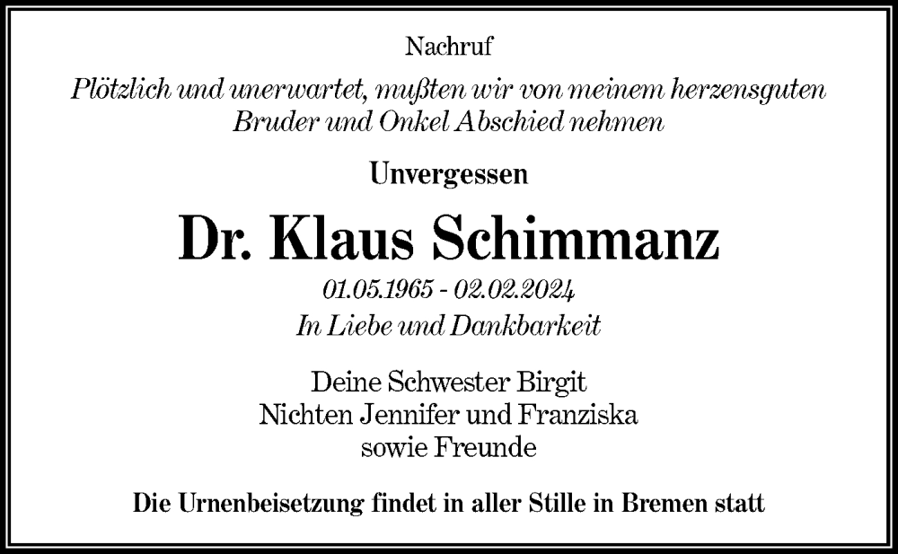  Traueranzeige für Klaus Schimmanz vom 24.02.2024 aus Lausitzer Rundschau