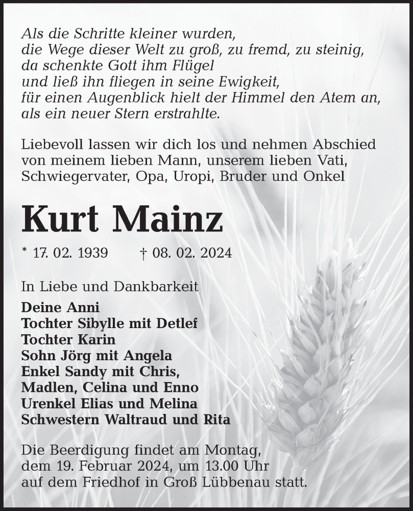  Traueranzeige für Kurt Mainz vom 14.02.2024 aus Lausitzer Rundschau