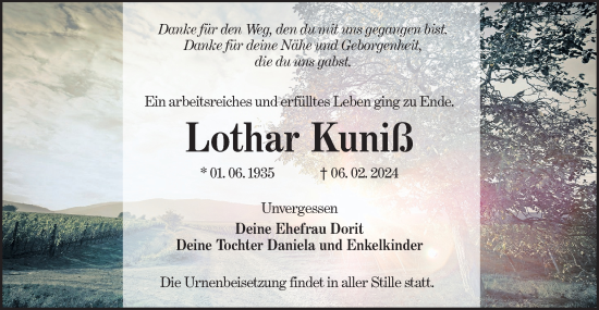 Traueranzeige von Lothar Kuniß von Lausitzer Rundschau
