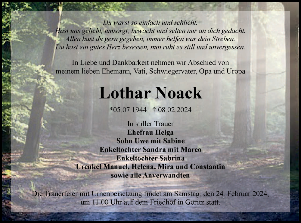  Traueranzeige für Lothar Noack vom 17.02.2024 aus Lausitzer Rundschau