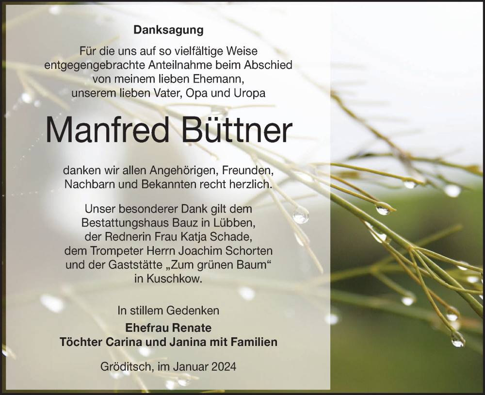  Traueranzeige für Manfred Büttner vom 10.02.2024 aus Lausitzer Rundschau