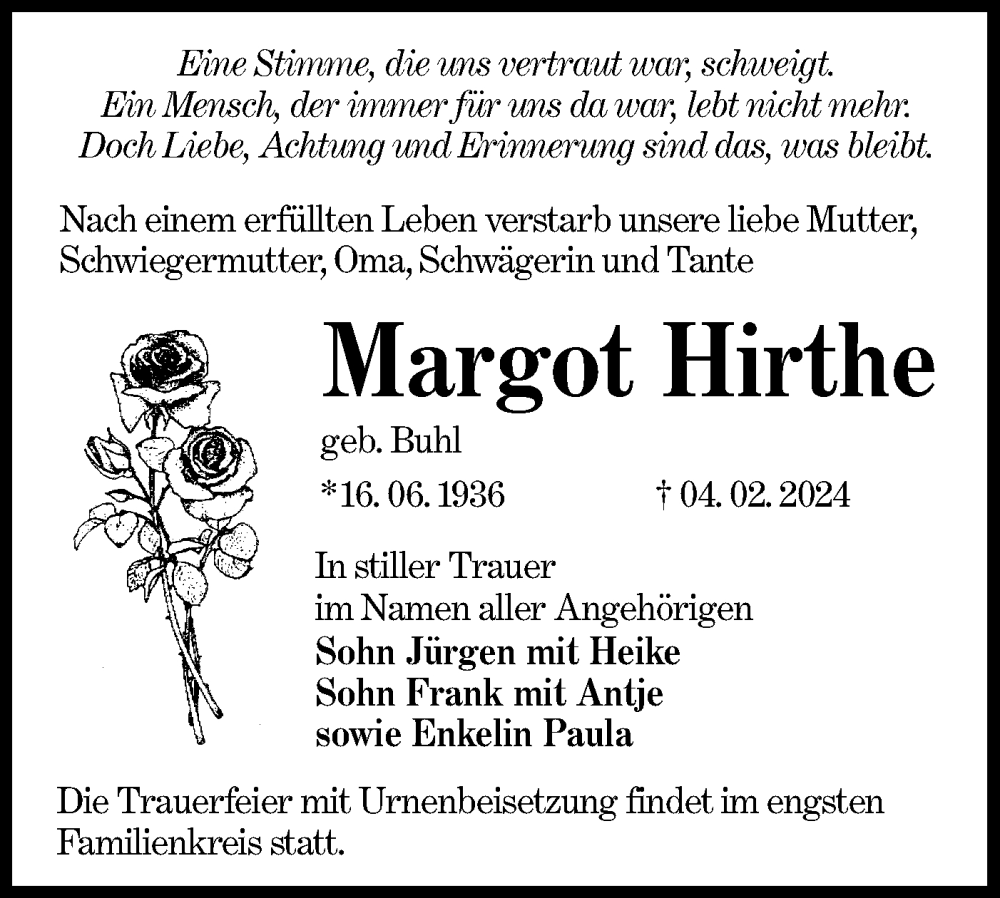  Traueranzeige für Margot Hirthe vom 10.02.2024 aus Lausitzer Rundschau