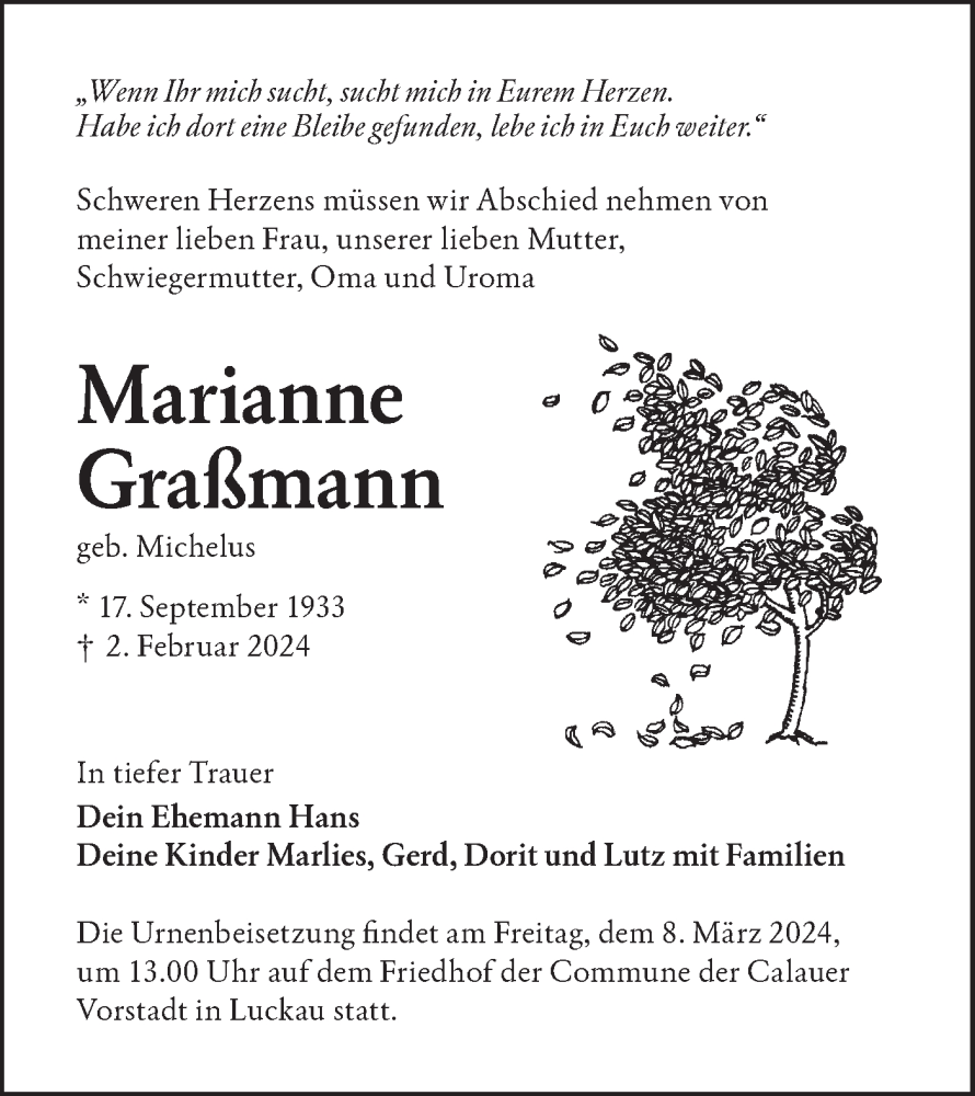  Traueranzeige für Marianne Graßmann vom 10.02.2024 aus Lausitzer Rundschau