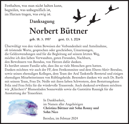 Traueranzeige von Norbert Büttner von Lausitzer Rundschau