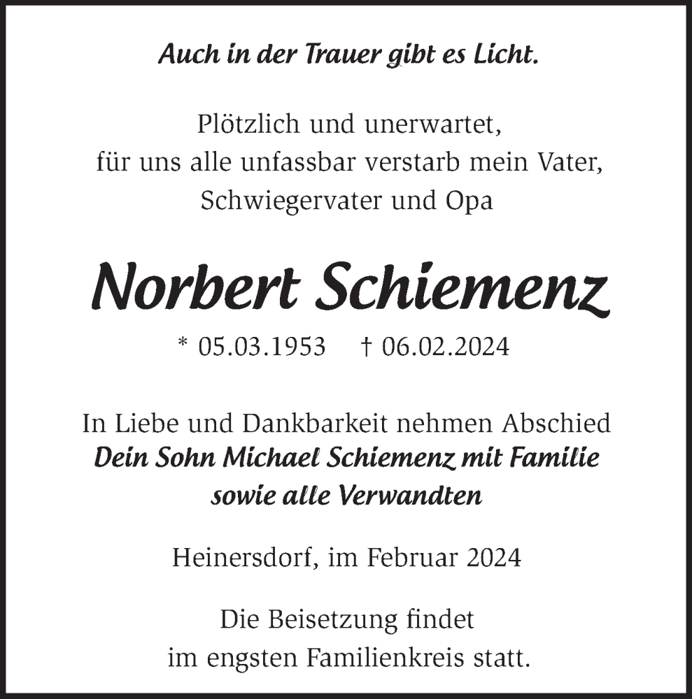  Traueranzeige für Norbert Schiemenz vom 13.02.2024 aus Lausitzer Rundschau