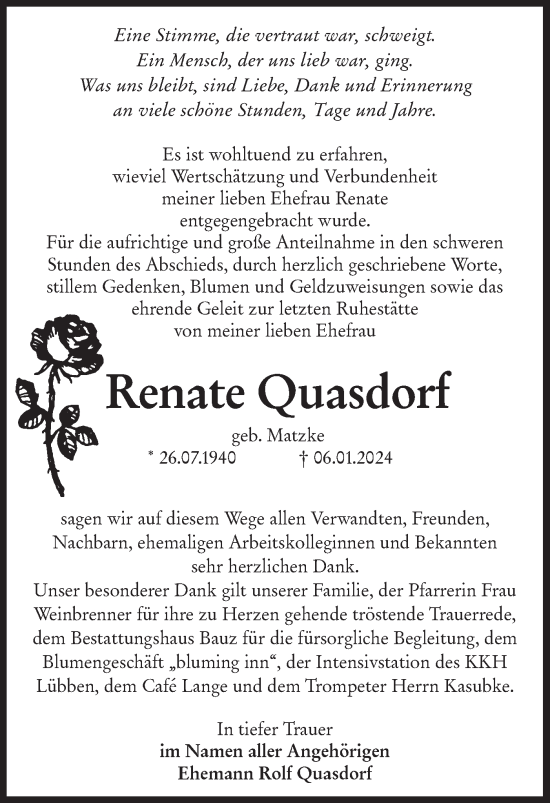 Traueranzeige von Renate Quasdorf von Lausitzer Rundschau