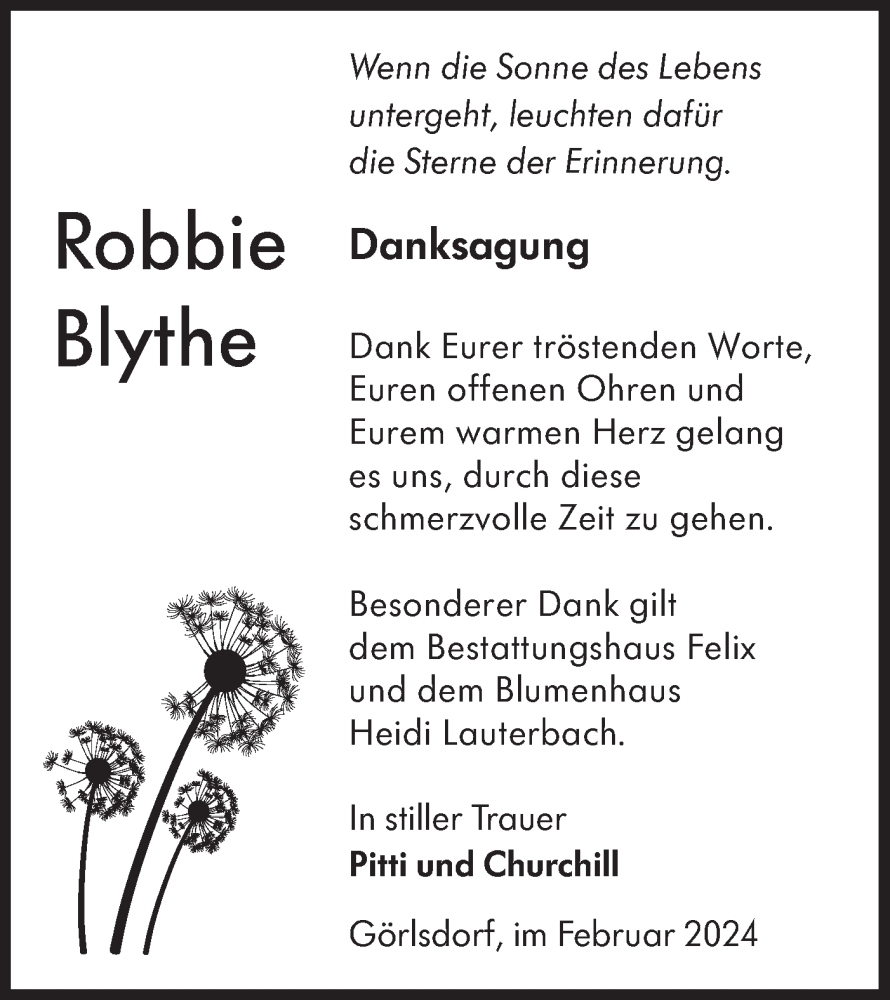  Traueranzeige für Robbie Blythe vom 24.02.2024 aus Lausitzer Rundschau