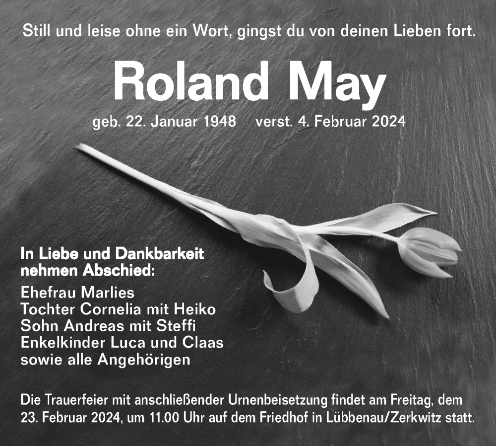  Traueranzeige für Roland May vom 10.02.2024 aus Lausitzer Rundschau