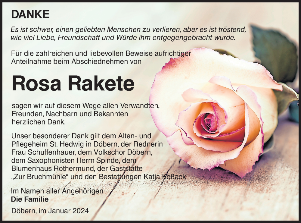  Traueranzeige für Rosa Rakete vom 03.02.2024 aus Lausitzer Rundschau
