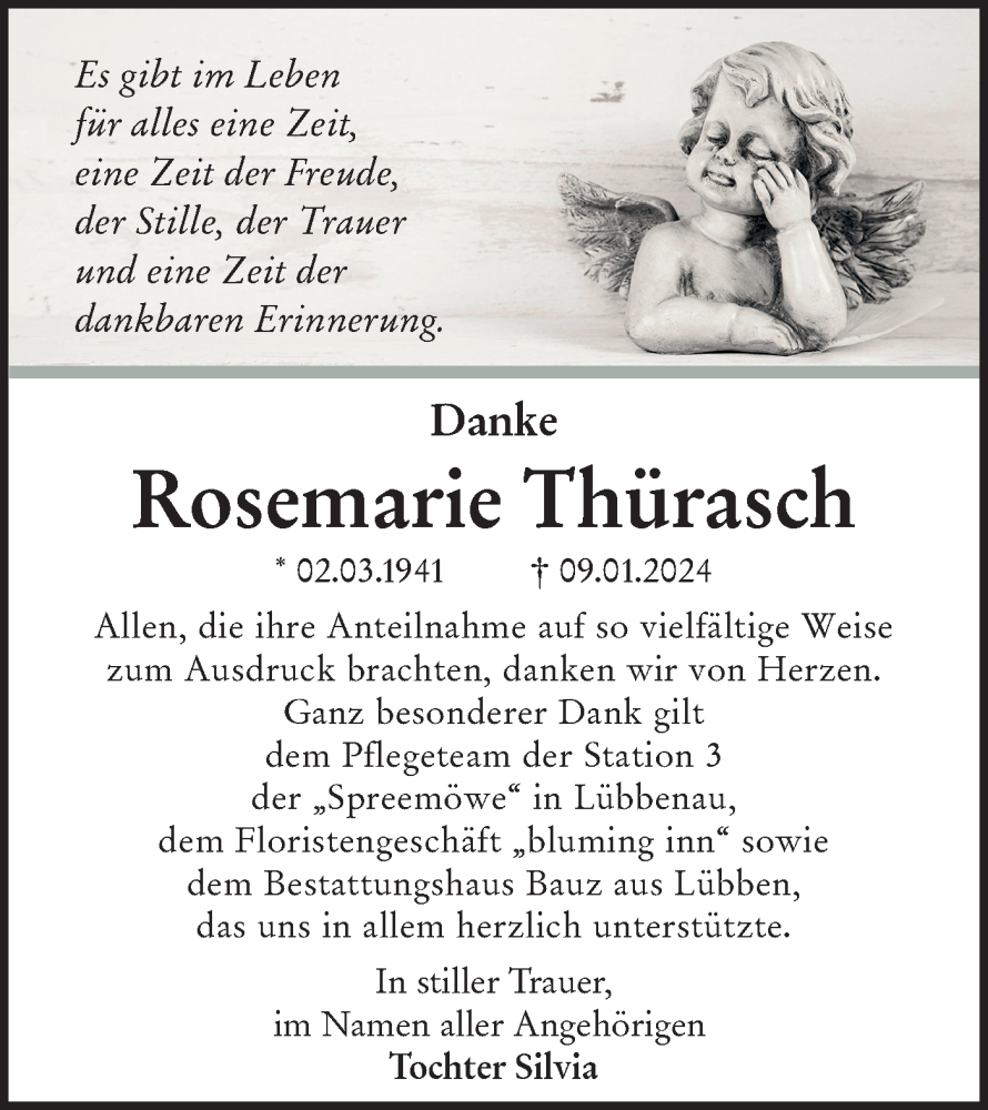  Traueranzeige für Rosemarie Thürasch vom 10.02.2024 aus Lausitzer Rundschau