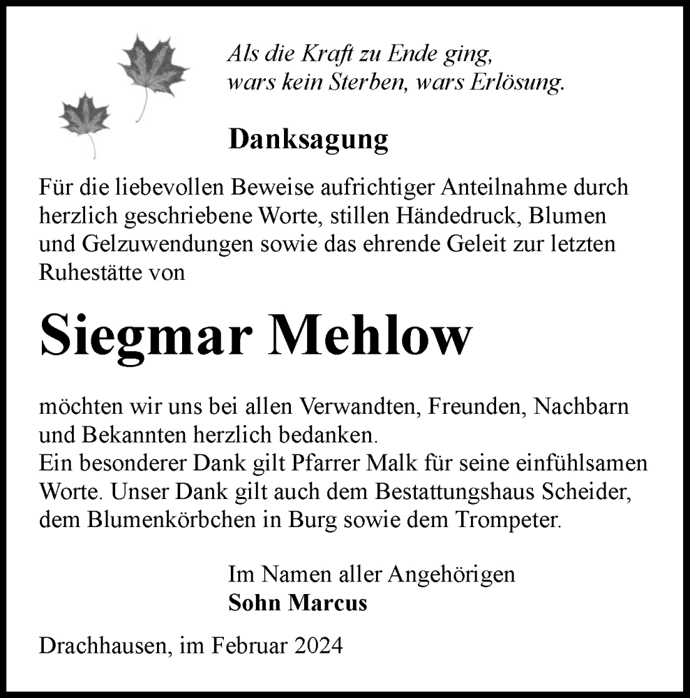  Traueranzeige für Siegmar Mehlow vom 24.02.2024 aus Lausitzer Rundschau