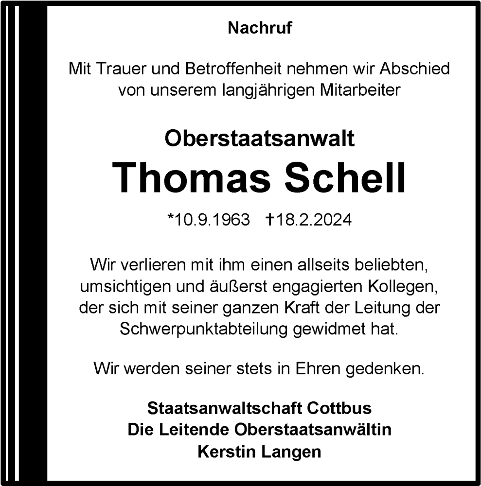  Traueranzeige für Thomas Schell vom 24.02.2024 aus Lausitzer Rundschau