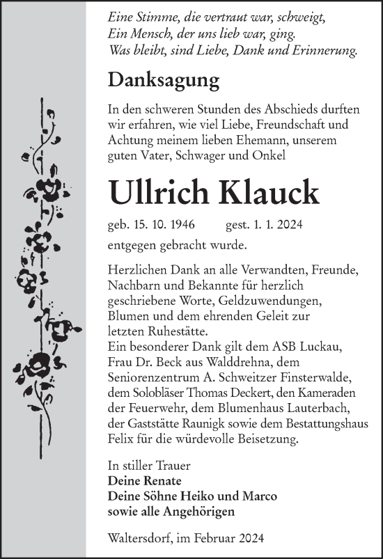 Traueranzeige von Ullrich Klauck von Lausitzer Rundschau