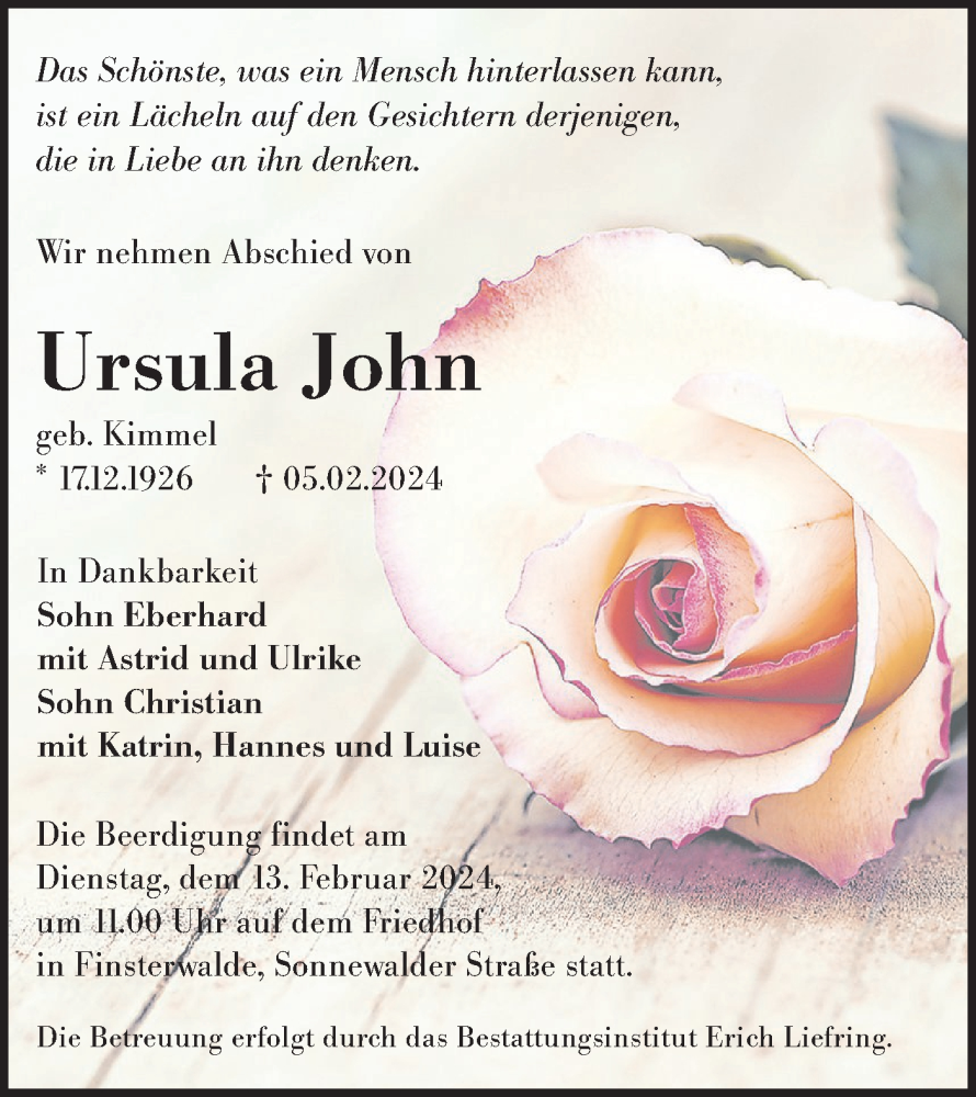  Traueranzeige für Ursula John vom 10.02.2024 aus Lausitzer Rundschau
