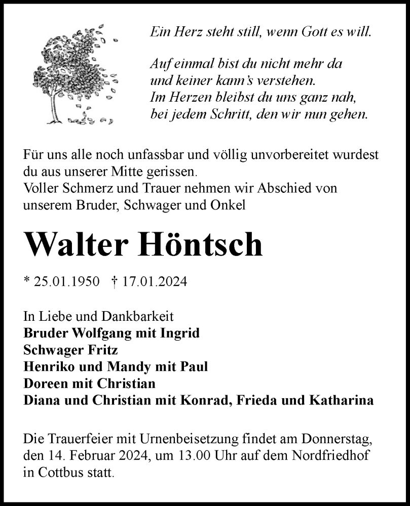  Traueranzeige für Walter Höntsch vom 03.02.2024 aus Lausitzer Rundschau