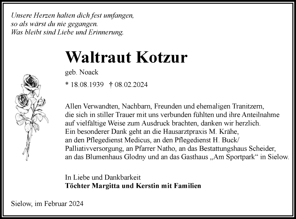  Traueranzeige für Waltraut Kotzur vom 24.02.2024 aus Lausitzer Rundschau