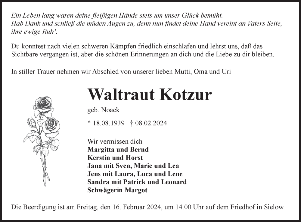 Traueranzeige für Waltraut Kotzur vom 13.02.2024 aus Lausitzer Rundschau