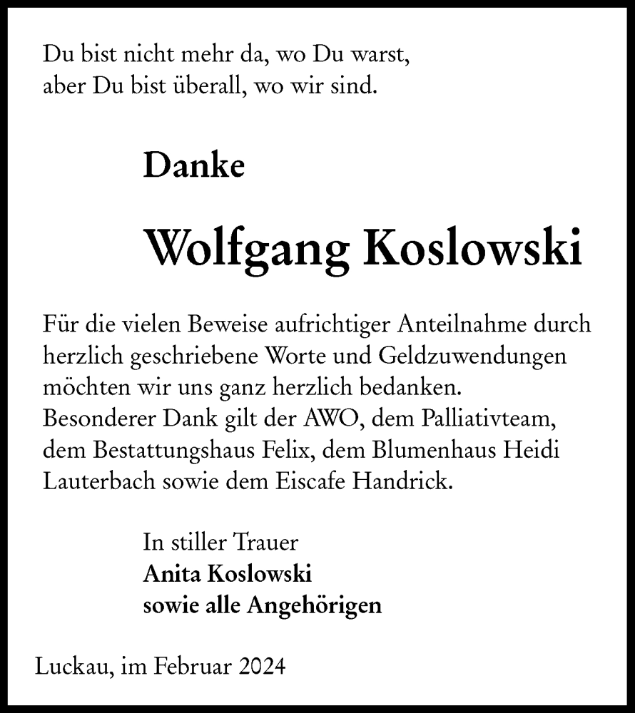  Traueranzeige für Wolfgang Koslowski vom 17.02.2024 aus Lausitzer Rundschau