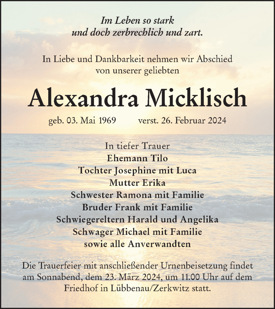  Traueranzeige für Alexandra Micklisch vom 09.03.2024 aus Lausitzer Rundschau