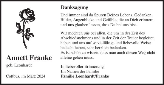 Traueranzeige von Annett Franke von Lausitzer Rundschau