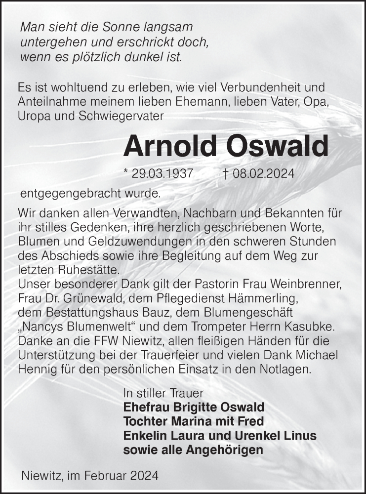  Traueranzeige für Arnold Oswald vom 02.03.2024 aus Lausitzer Rundschau