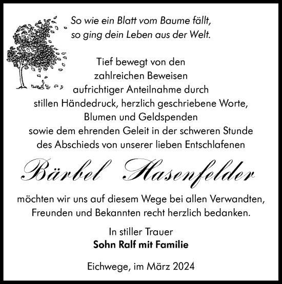 Traueranzeige von Bärbel Hasenfelder von Lausitzer Rundschau