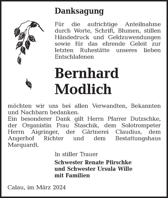 Traueranzeige von Bernhard Modlich von Lausitzer Rundschau