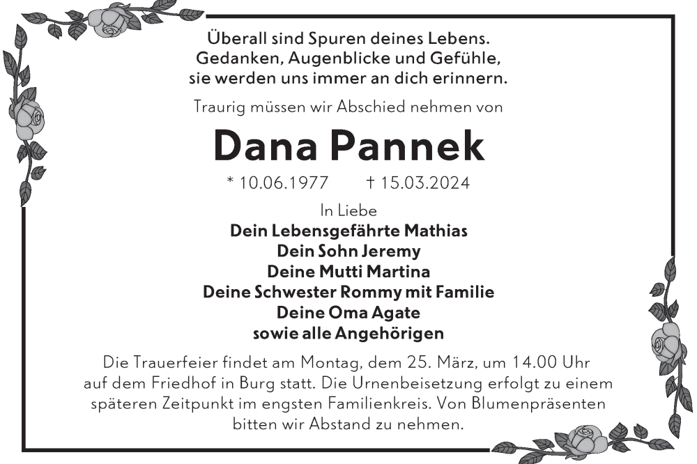  Traueranzeige für Dana Pannek vom 23.03.2024 aus Lausitzer Rundschau