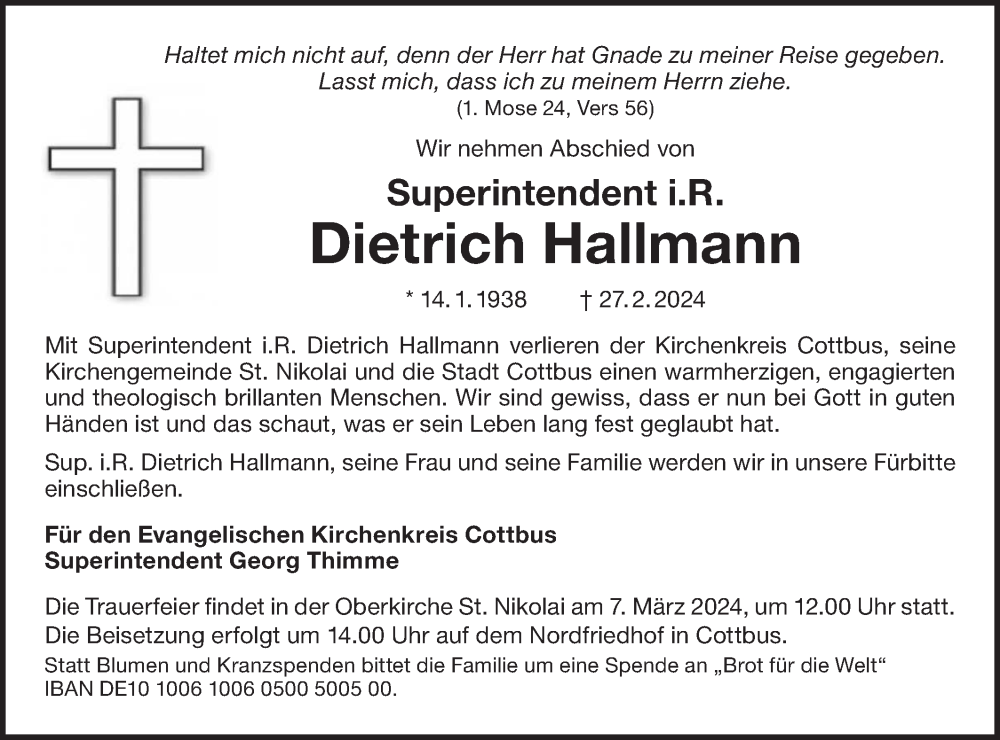  Traueranzeige für Dietrich Hallmann vom 02.03.2024 aus Lausitzer Rundschau