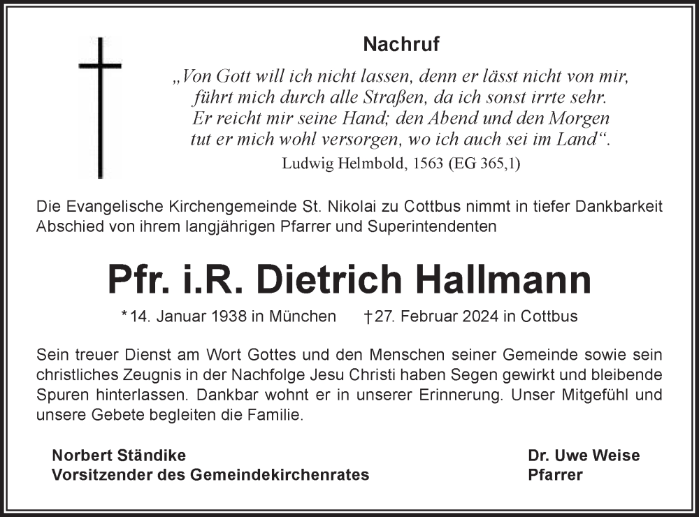  Traueranzeige für Dietrich Hallmann vom 02.03.2024 aus Lausitzer Rundschau