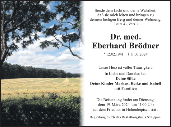 Traueranzeige von Eberhard Brödner von Lausitzer Rundschau