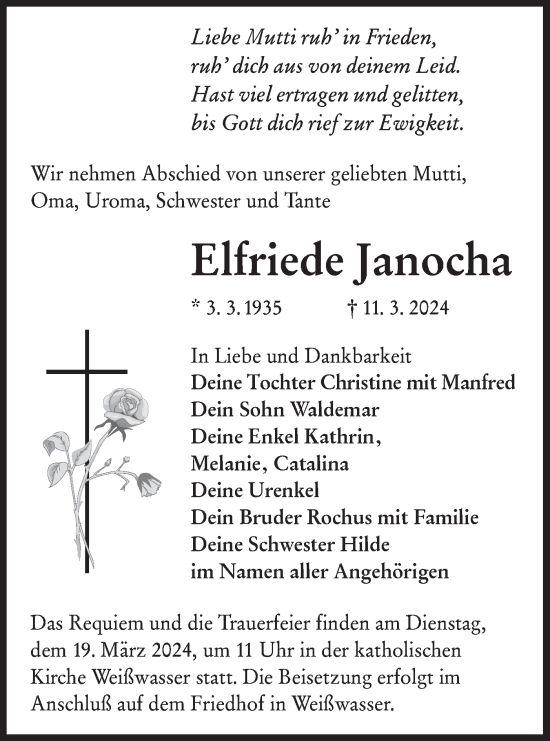 Traueranzeige von Elfriede Janocha von Lausitzer Rundschau