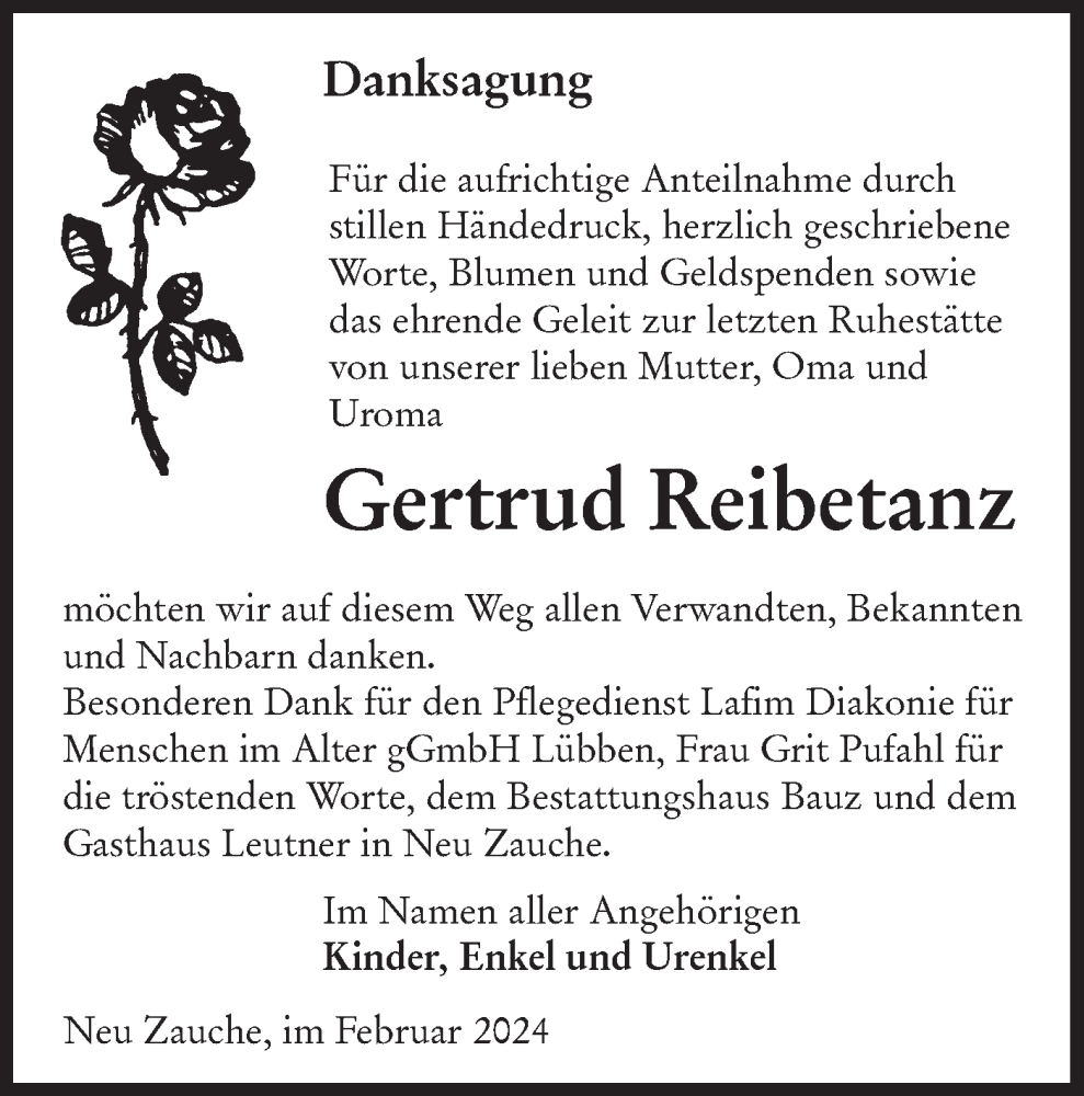  Traueranzeige für Gertrud Reibetanz vom 02.03.2024 aus Lausitzer Rundschau
