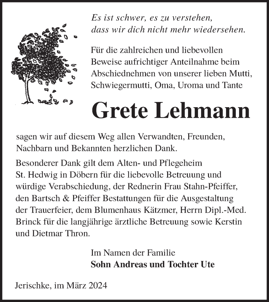  Traueranzeige für Grete Lehmann vom 16.03.2024 aus Lausitzer Rundschau