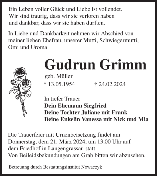 Traueranzeige von Gudrun Grimm von Lausitzer Rundschau