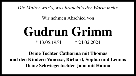 Traueranzeige von Gudrun Grimm von Lausitzer Rundschau