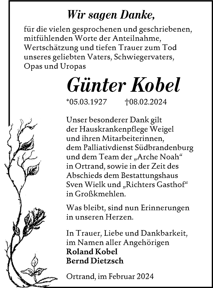  Traueranzeige für Günter Kobel vom 02.03.2024 aus Lausitzer Rundschau