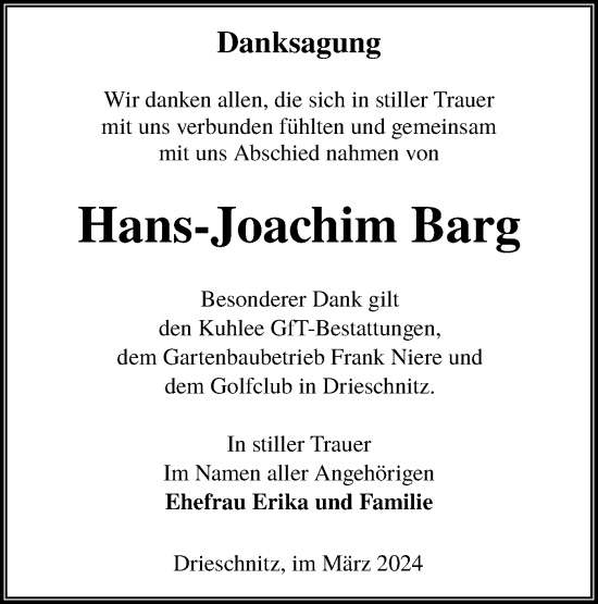 Traueranzeige von Hans-Joachim Barg von Lausitzer Rundschau