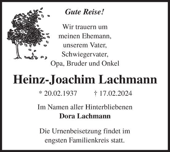 Traueranzeige von Heinz-Joachim Lachmann von Lausitzer Rundschau