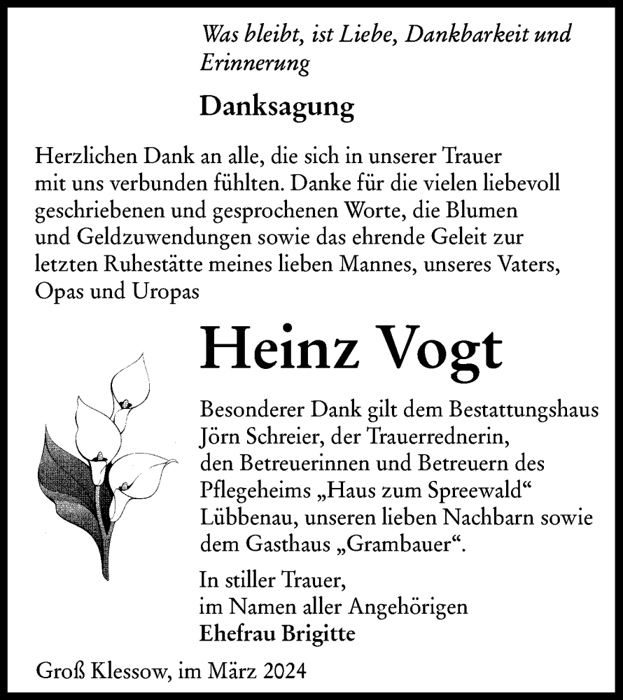  Traueranzeige für Heinz Vogt vom 02.03.2024 aus Lausitzer Rundschau