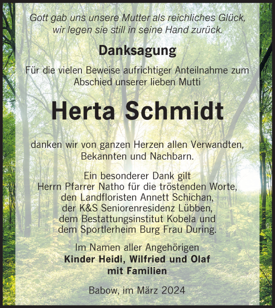 Traueranzeige von Herta Schmidt von Lausitzer Rundschau