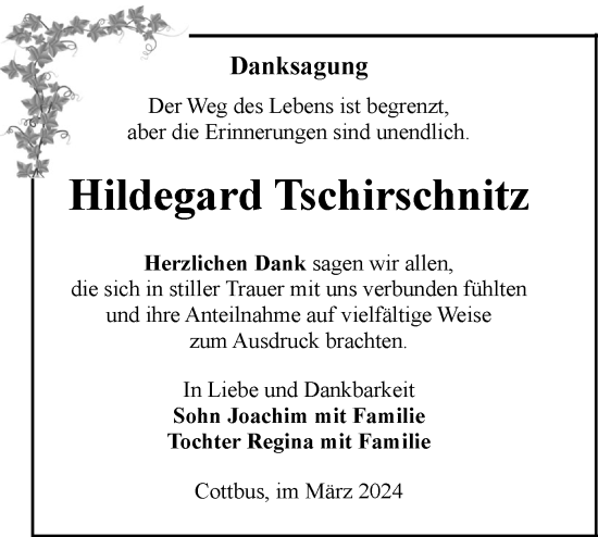 Traueranzeige von Hildegard Tschirschnitz von Lausitzer Rundschau