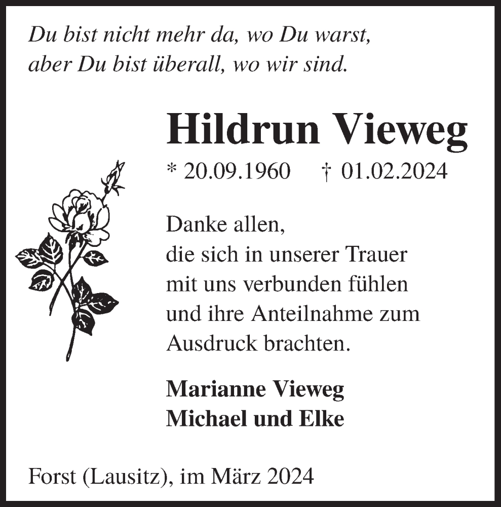  Traueranzeige für Hildrun Vieweg vom 06.03.2024 aus Lausitzer Rundschau